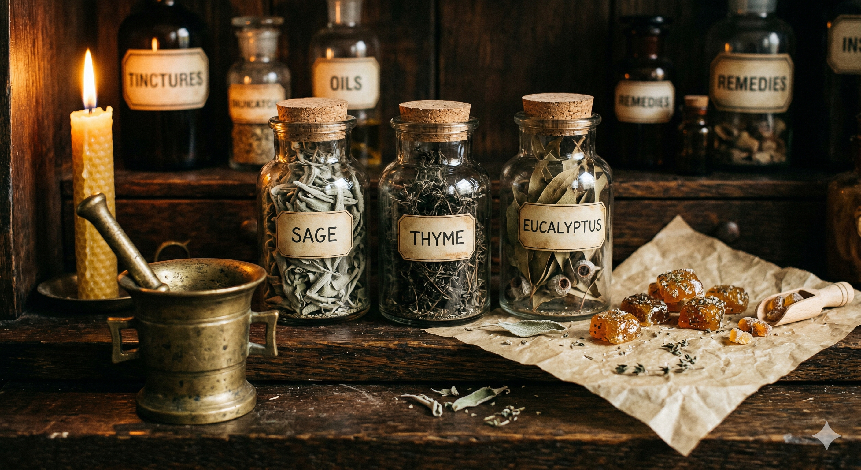 Apothekergläser mit Kräutern neben handgemachten Bonbons