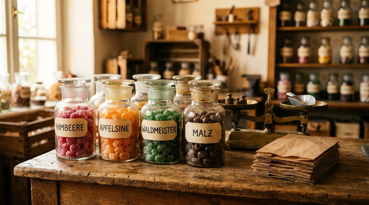 Alte Bonbongläser mit Himbeer-, Apfelsinen-, Waldmeister- und Malzbonbons auf einem Holztresen