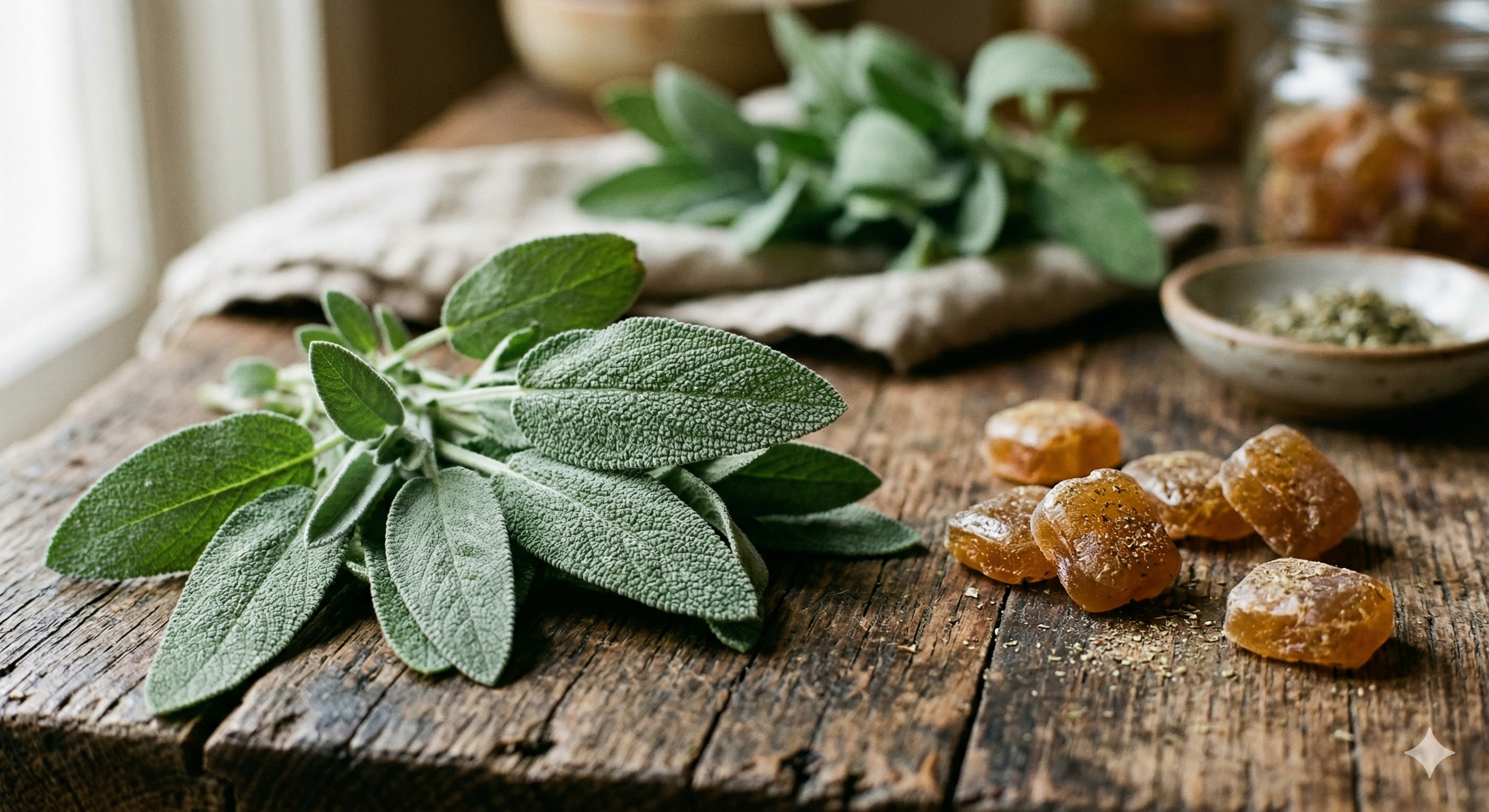 Frische Salbeiblätter neben handgemachten Kräuterbonbons